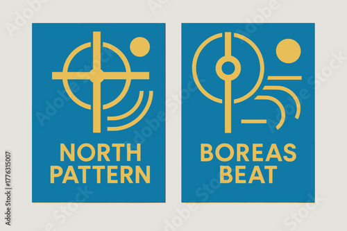 Bauhaus North Banners. Bauhaus North. Two vertical A6 banners with safe margins, centered composition, no elements touching edges, bauhaus, azure and gold,