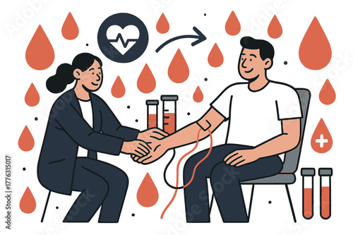 Dynamic Blood Donation. Blood test. Patient donating blood with abstract floating drops, test tubes, and icons; conveys healthcare, contribution, and wellness.