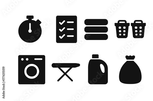 Efficient Laundry Icons. Efficient laundry. Filled icon set of efficient laundry: timer clock, checklist,