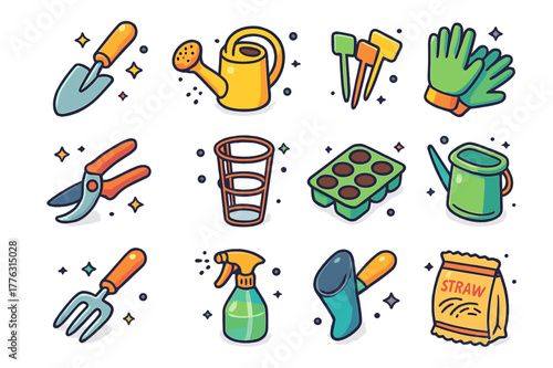Colorful Gardening Tools Icons. Home tomato gardening tools. Colorful isometric vector icons set of Home tomato gardening tools: hand trowel, watering can,
