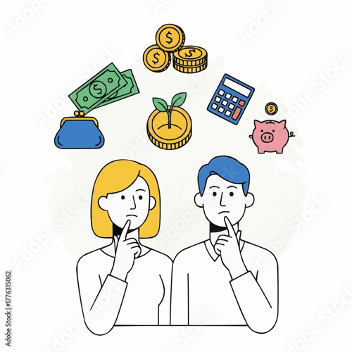 Man and Woman Thinking About Finance – Flat Line Art Illustration of Money and Savings Concept