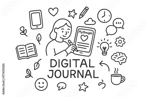 Digital Journaling Doodles. Digital journaling. Hand-drawn doodle illustration of digital journaling. In the