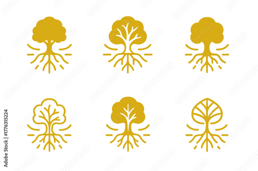 Obraz premium Plant Energy Icons. How plants make their food. Icon set. Set Logo of how plants make their food: tree with glowing energy lines. harmonious logo variations of