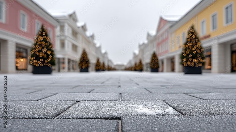 Obraz premium Snowy winter street adorned with twinkling Christmas trees in a charming village setting. Christmas and New Year. Winter Wonderland