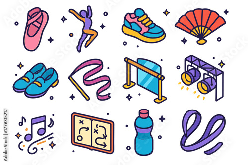 Dance Icons Collection. Dance as emotion. Colorful isometric vector icons set of dance as emotion: ballet pointe shoe, contemporary pose figure, hip-hop