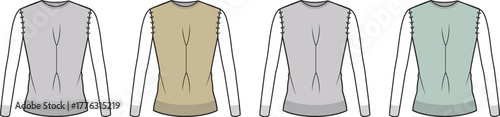 Collection of men's sleeveless sweater vest fashion flat technical drawings. Back view of apparel design mockups in different colors