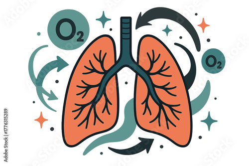 Lungs and Oxygen Flow. Oxygen. Human lungs with abstract floating oxygen molecules, arrows, and sparkles; conveys respiration, life, and biology. Modern flat