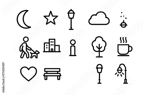 Evening Walk Icons. Evening stroll. Line icon set of evening walk: moon, star, lamp post, person, dog, cloud, city skyline, park tree, coffee cup, heart,