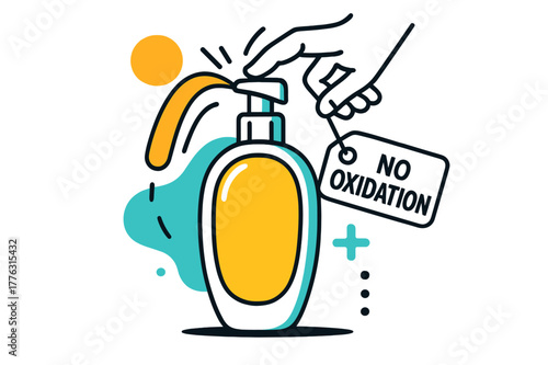 Minimalist Pump Bottle. Airless Pump Bottle. A minimalist oval bottle rises with a tidy pump click; a tag reads ?No Oxidation.? Motion lines swoop as product