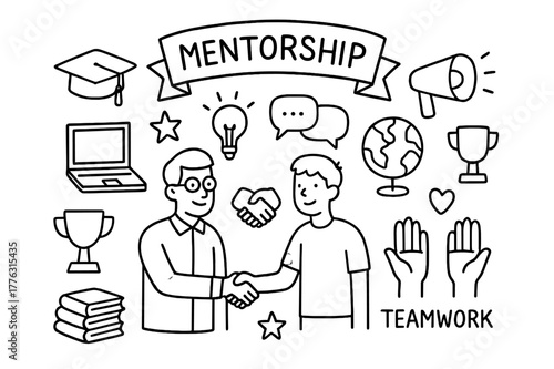 Mentorship Symbolic Doodle. Mentorship. Hand-drawn doodle illustration Mentorship young person, mentor, handshake, books, laptop, globe, lightbulb, banner,