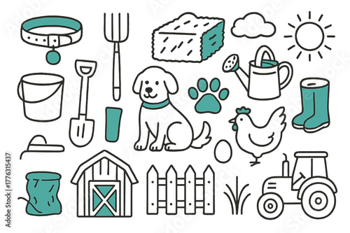 Farm Tools & Pets. Farm tools & pets. Hand-drawn doodle illustration farm tools & pets [collar (accented), pitchfork, watering can, hay bale (accented),