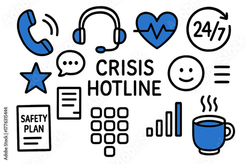 Crisis Hotline Symbols. // Crisis hotline. Hand-drawn doodle illustration Crisis hotline [phone handset (accented), headset (accented), lifeline