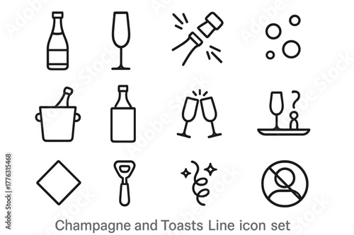 Champagne Celebration Icons. Champagne and Toasts. Line icon set of Champagne and Toasts: champagne bottle, flute glass, popping cork, bubbles, ice bucket,