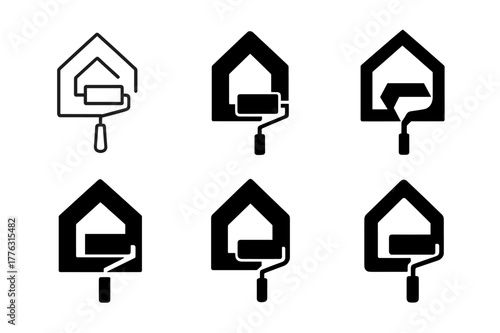 Creative Paint Roller Logos. DIY home decor projects and tutorials. Set Logo of paint roller: roller with paint stroke forming a house shape. Icon set.