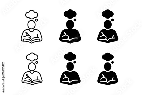 Journaling Emblem Variations. A person journaling their thoughts and reflections for personal growth. Set Logo of A person journaling their thoughts and