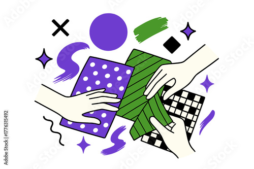 Creative Fashion Design. Textile creativity. Hands arranging fabrics and patterns, floating abstract geometric