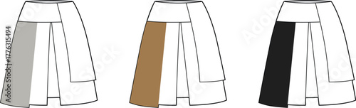 Set of technical flat fashion sketches showing a wrap skirt in three different color options for apparel design and clothing templates