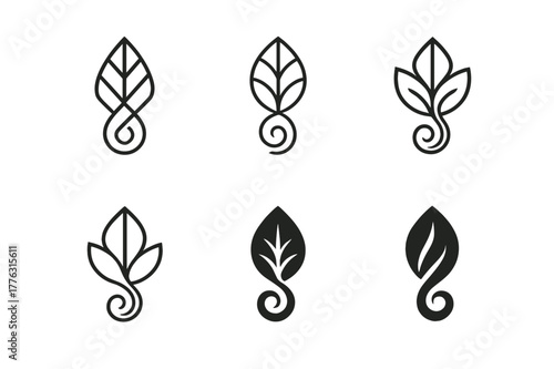 Harmonious Hair Mask Logos. Hair treatment mask. Set Logo of hair treatment mask: leaf merging with hair curl. Icon set. harmonious logo variations of the same