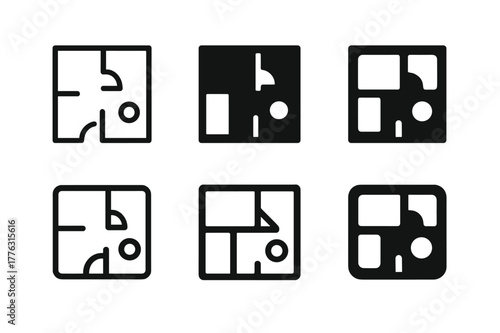 Logo Variations Grid. Room layouts and space optimization. Set Logo of room layouts and space optimization: compact interior cube layout. Icon set. harmonious