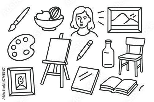 Art Supplies Icons. Realism painting. Hand-drawn doodle illustration realism painting brush, fruit bowl, portrait, light rays, frame, palette, easel, pencil,