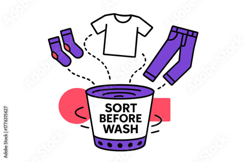 Playful Laundry Scene. Laundry Prep Routine. Socks, tees, and jeans hover in midair lines above a spinning basket labeled ?Sort Before Wash.? Dotted motion