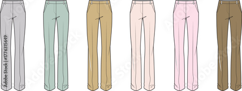 Women's trousers technical drawing collection. Six colorful vector flat sketches for fashion design, apparel mockups, and clothing templates