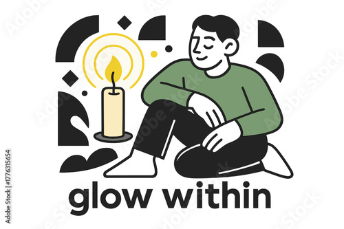 Flickering Candle Glow. Candlelight. A small candle?s flame flickers softly against geometric darkness, light waves forming gentle halos. Caption reads ?glow