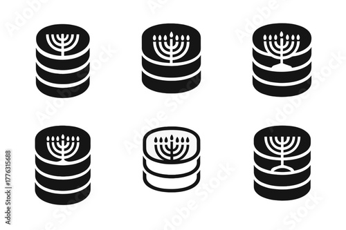 Hanukkah Logo Variations. Hanukkah celebrations with menorahs and candles. Set Logo of gelt coins: stacked coins with menorah imprint. Icon set. harmonious
