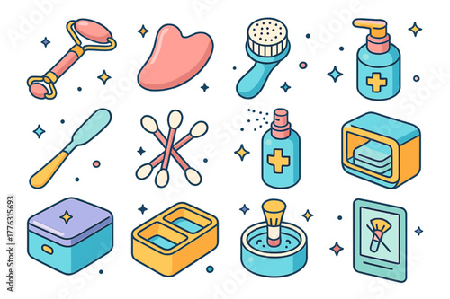 Colorful Skincare Tools Icons. Clean skincare tools. Colorful isometric vector icons set of Clean skincare tools: facial roller, gua sha stone, cleansing