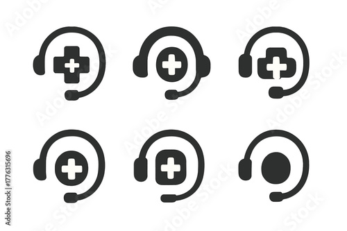 Telemedicine Logo Grid. Telemedicine consultations. Set Logo of operator headset with medical cross: Negative space, Flat solid, Stylized detail, Abstract