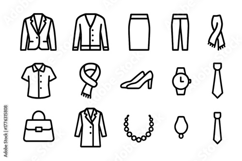 Seasonal Office Icons. Seasonal office fashion. Line outline icon set of seasonal office fashion: blazer,