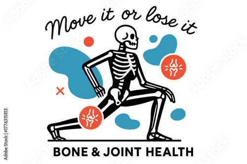 Graceful Skeleton Motion. Bone & Joint Health. A stylized skeleton frame moves gracefully through a lunge; floating icons highlight knees and hips. Text ?Move