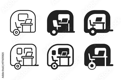 Remote Work Logos. Remote work hubs. Set Logo of remote work hubs: digital nomad camper desk. Icon set. harmonious logo variations of the same emblematic