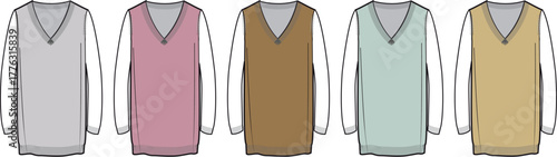 A collection of versatile V-neck sweater vests in a spectrum of seasonal colors, perfect for effortless layering and modern casual fashion styling