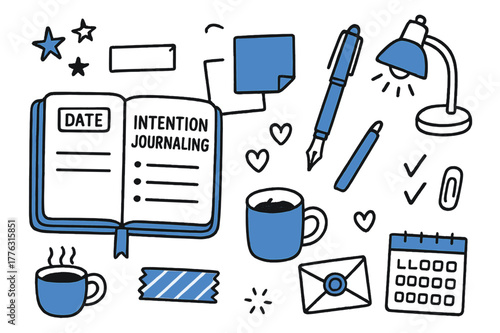 Intention Journaling Essentials. // Intention journaling. Hand-drawn doodle illustration intention journaling [open notebook (accented), fountain pen