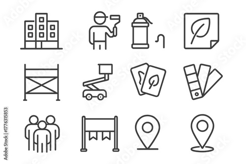 City Mural Icons. City Mural Painting Events. Line icon set of City Mural Painting Events: city wall facade, artist with roller, spray can, paint bucket,