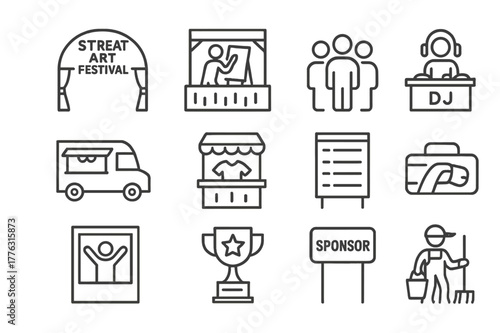 Street Art Icons. Street Art Festival. Line icon set of Street Art Festival: festival arch, live painting stage, audience crowd, DJ booth, food truck, merch