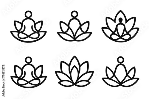 Meditation Lotus Grid. Embracing solitude and personal time. Set Logo of meditation lotus figure: Symmetrical form, Minimal outline, Stylized detail, Abstract
