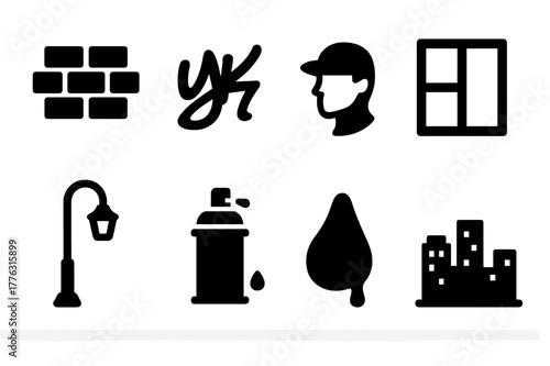 Urban Icon Set. Urban walls. Filled icon set of urban walls: brick wall, graffiti tag, stencil art, window,