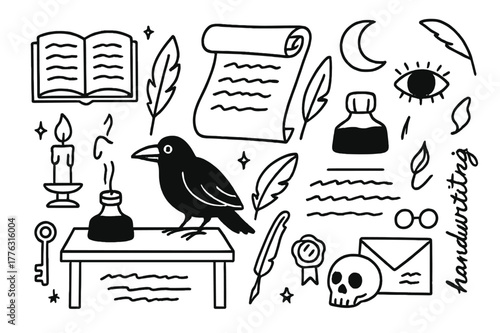 Raven's Writing Desk. Raven and writing. Hand-drawn doodle illustration Raven and writing quill, ink bottle, parchment scroll, open book, candle, feather, key,