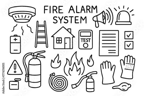 Fire Safety Doodles. Fire Alarm System. Hand-drawn doodle illustration Fire Alarm System smoke detector, alarm sound, light indicator, battery, ceiling,