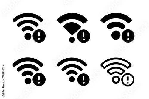 Remote Leadership Logos. Remote leadership challenges. Set Logo of remote leadership challenges: weak Wi-Fi signal with warning dot. Icon set. harmonious logo