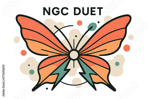 Twin Butterfly Nebulae. Twin Butterfly Nebulae. Symmetric wings unfurl from a bright core; ?NGC Duet? floats in airy lettering. Ion jets flare as clean