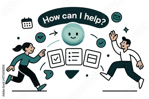 AI Assistant Orb. AI Assistants. A friendly orb with a subtle face projects task cards into a tidy arc; caption ?How can I help?? glows above. Floating