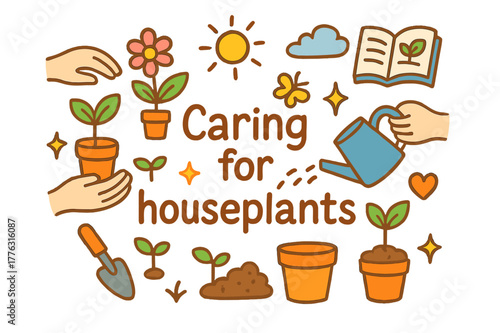 Houseplant Care Doodles. Caring for houseplants. Hand-drawn doodle illustration of caring for houseplants.
