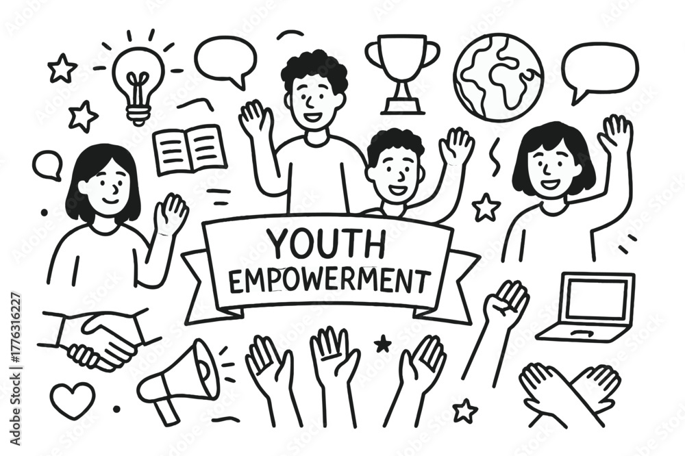 Obraz premium Youth Empowerment Icons. Youth Empowerment. Hand-drawn doodle illustration Youth Empowerment young people, raising hands, speech bubbles, books, laptop,