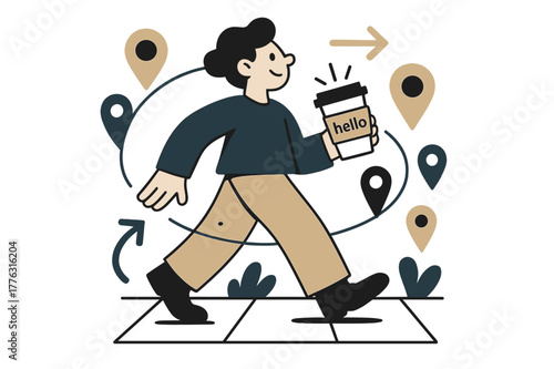 Vibrant Urban Exploration. Exploring the new neighborhood. Map pins and arrows orbit a walking figure; coffee cup sleeve says ?hello.? Sidewalks hum with
