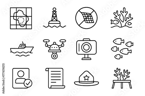 Marine Protection Icons. Marine Protected Areas. Line icon set of Marine Protected Areas: protected zone map, boundary buoy, no trawl sign, reef icon, patrol