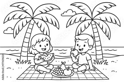 Beachside Picnic Coloring Page. Beach picnic under palm trees children?s coloring book illustration, outlined drawing, kids sitting on a blanket eating fruit