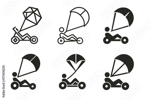 Kite Buggy Logo Variations. Kite buggy. Set Logo of Kite buggy: traction kite towing sand buggy. harmonious logo variations of the same emblematic concept,
